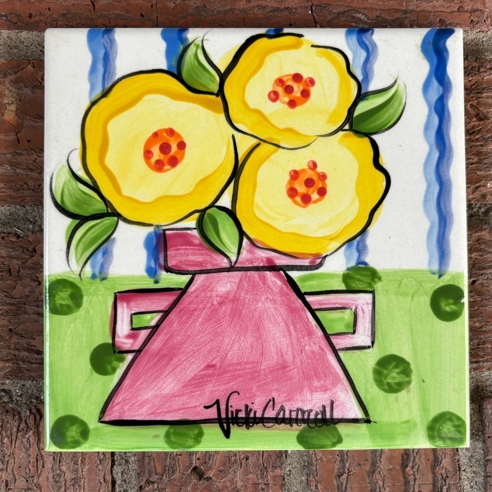 Vicki Carroll Hand Painted Ceramic Tile Yellow Flowers Bloomin’ Blossoms 6” x 6”